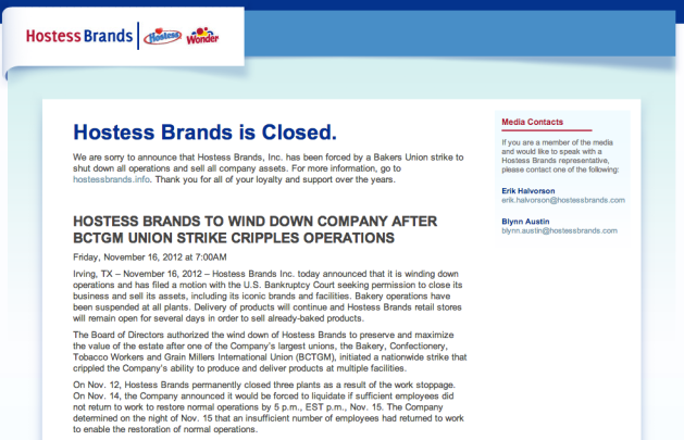 Message from Hostess Brands about closure
